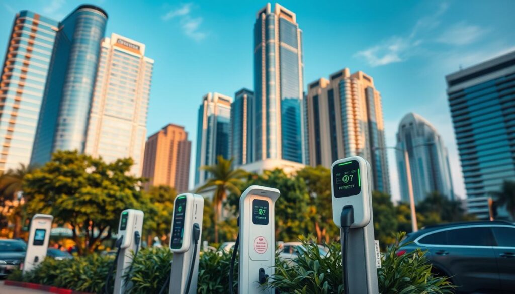 A bustling urban scene with a modern electric vehicle charging station in the foreground. The station features sleek, futuristic charging ports amidst a backdrop of gleaming high-rise buildings and a clear, blue sky. The charging infrastructure is surrounded by lush greenery, hinting at a sustainable, eco-friendly environment. The lighting is warm and ambient, casting a soft glow on the scene. The perspective is from a slightly elevated angle, capturing the scale and integration of the charging station within the urban landscape. The overall atmosphere conveys a sense of progress, innovation, and the seamless integration of electric mobility into the Indian context.