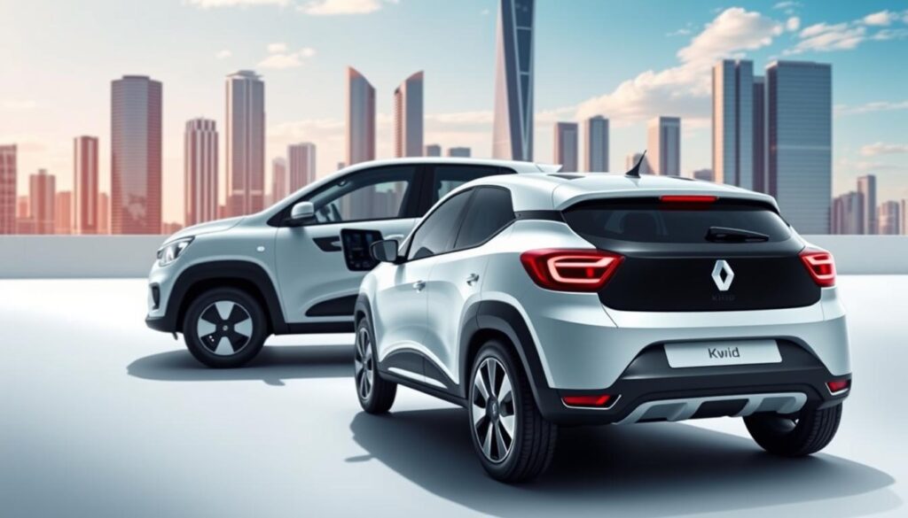 A futuristic Renault 2025 Kwid compact car, showcasing its innovative technologies. In the foreground, the vehicle's sleek, aerodynamic body features advanced sensor arrays, LED lighting, and a seamless, minimalist design. In the middle ground, the car's advanced infotainment system is displayed, with a large, high-resolution touchscreen and gesture controls. The background is a clean, modern cityscape, with towering skyscrapers and a clear, vibrant sky, conveying a sense of progress and technological advancement. The lighting is crisp and directional, highlighting the Kwid's cutting-edge features. The overall mood is one of excitement and anticipation for the future of compact car technology.