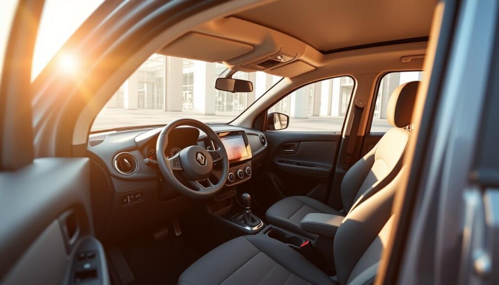A sleek and modern interior of the 2025 Renault Kwid, showcasing its refined and comfortable cabin. The dashboard features a large, high-resolution touchscreen display, seamlessly integrated with the vehicle's advanced infotainment system. Soft-touch materials and precise craftsmanship adorn the door panels and center console, creating a premium ambiance. Ergonomically designed seats provide ample support and adjustability, ensuring a comfortable driving experience. Gentle, warm lighting illuminates the cabin, creating a cozy and inviting atmosphere. Large windows allow ample natural light to flood the space, enhancing the sense of openness and spaciousness. Overall, the 2025 Kwid's interior design strikes a harmonious balance between modern technology and classic comfort.