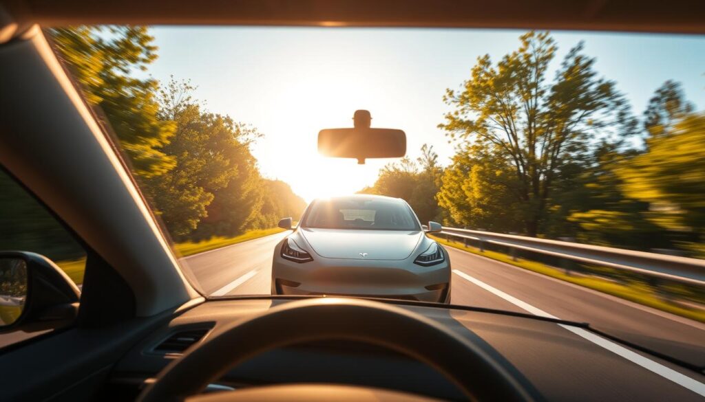 A sleek, modern Tesla Model 3 driving autonomously on a sun-dappled highway, surrounded by lush green foliage. The car's advanced sensors and cameras are clearly visible, scanning the environment with precision. In the foreground, the driver's seat is empty, highlighting the car's self-driving capabilities. The scene is bathed in a warm, golden light, creating a serene and futuristic atmosphere. The image conveys a sense of technological advancement, safety, and the effortless integration of autonomous driving into everyday transportation.