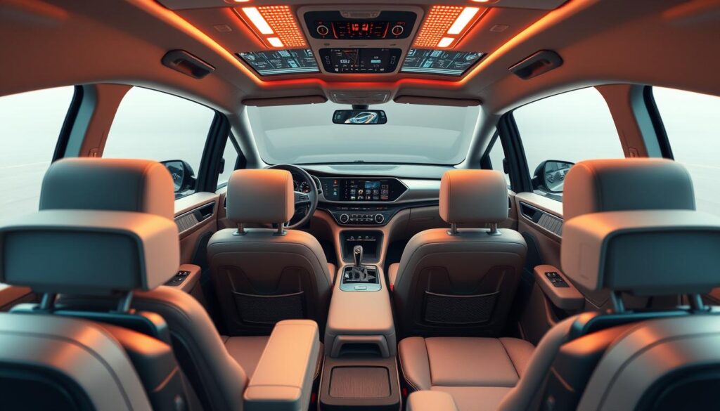 a highly detailed and futuristic interior of a Hyundai Staria minivan, featuring cutting-edge technology and innovative features. the scene is bathed in a soft, warm lighting that highlights the sleek, modern design of the dashboard and center console. the driver's seat is surrounded by a complex array of touch screens, voice controls, and advanced sensors that seamlessly integrate various functions such as navigation, entertainment, and vehicle diagnostics. in the middle ground, the passenger seats are equipped with adjustable headrests, built-in entertainment systems, and folding tray tables, creating a comfortable and personalized traveling experience. the background showcases a panoramic windshield with a heads-up display, providing the driver with crucial information without taking their eyes off the road. an overall sense of technological sophistication and user-centric design permeates the scene, hinting at the Hyundai Staria's ability to redefine the future of minivan travel.